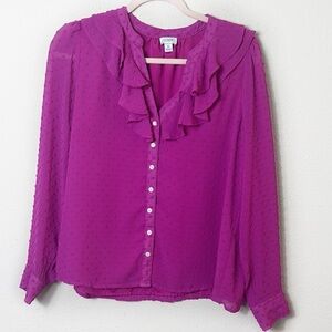 J. Crew Long Sleeve Ruffle Neck Swiss Dot Button Down blouse size Medium